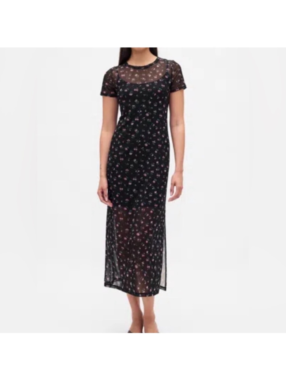 GAP Black Floral Mesh Midi Dress with Pink Accents